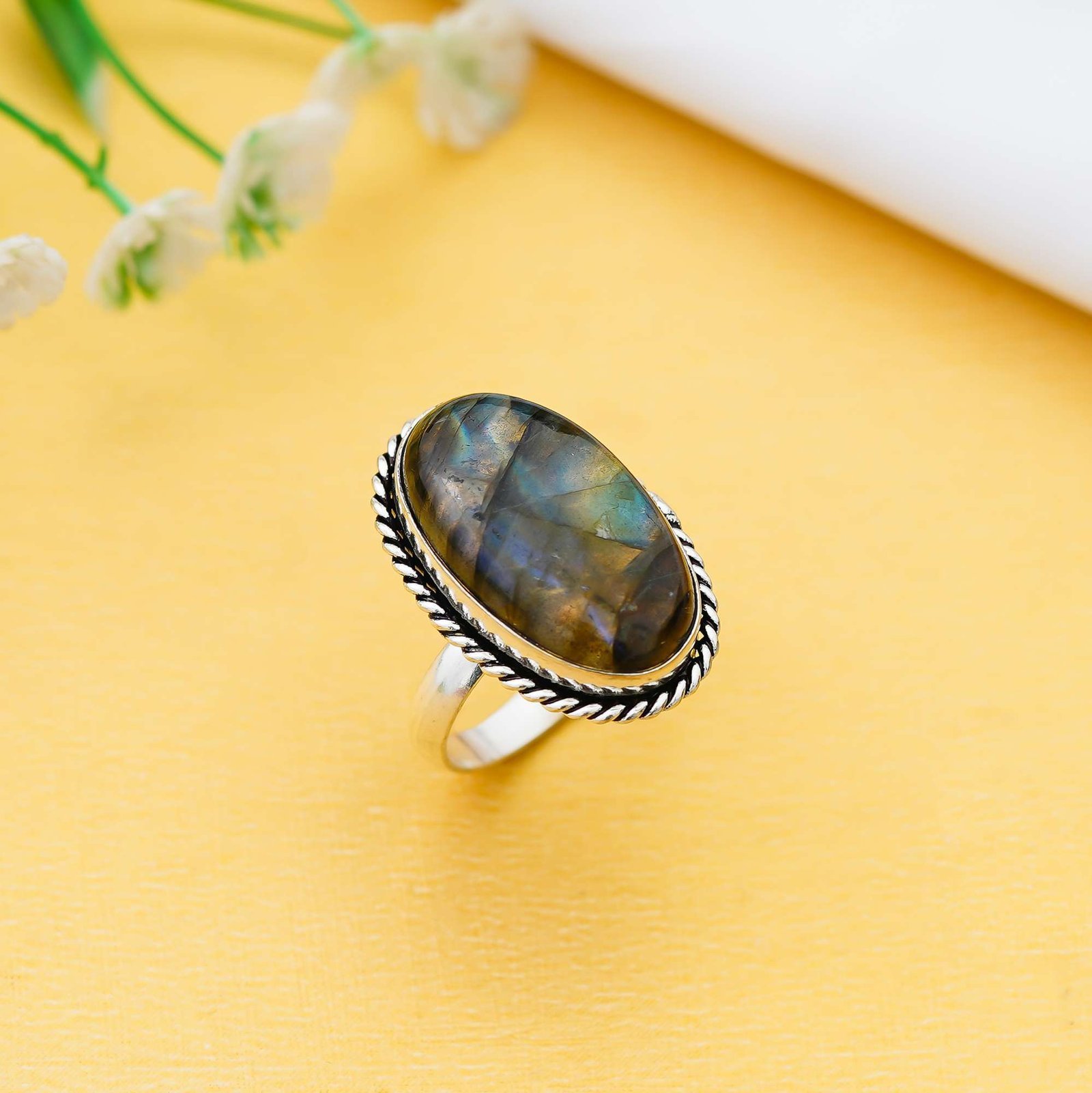 Arts Crystal Products Natural Labradorite Ring Set for Women,Vintage Joint Knuckle Stackable Rings Oval Gemstone Ring