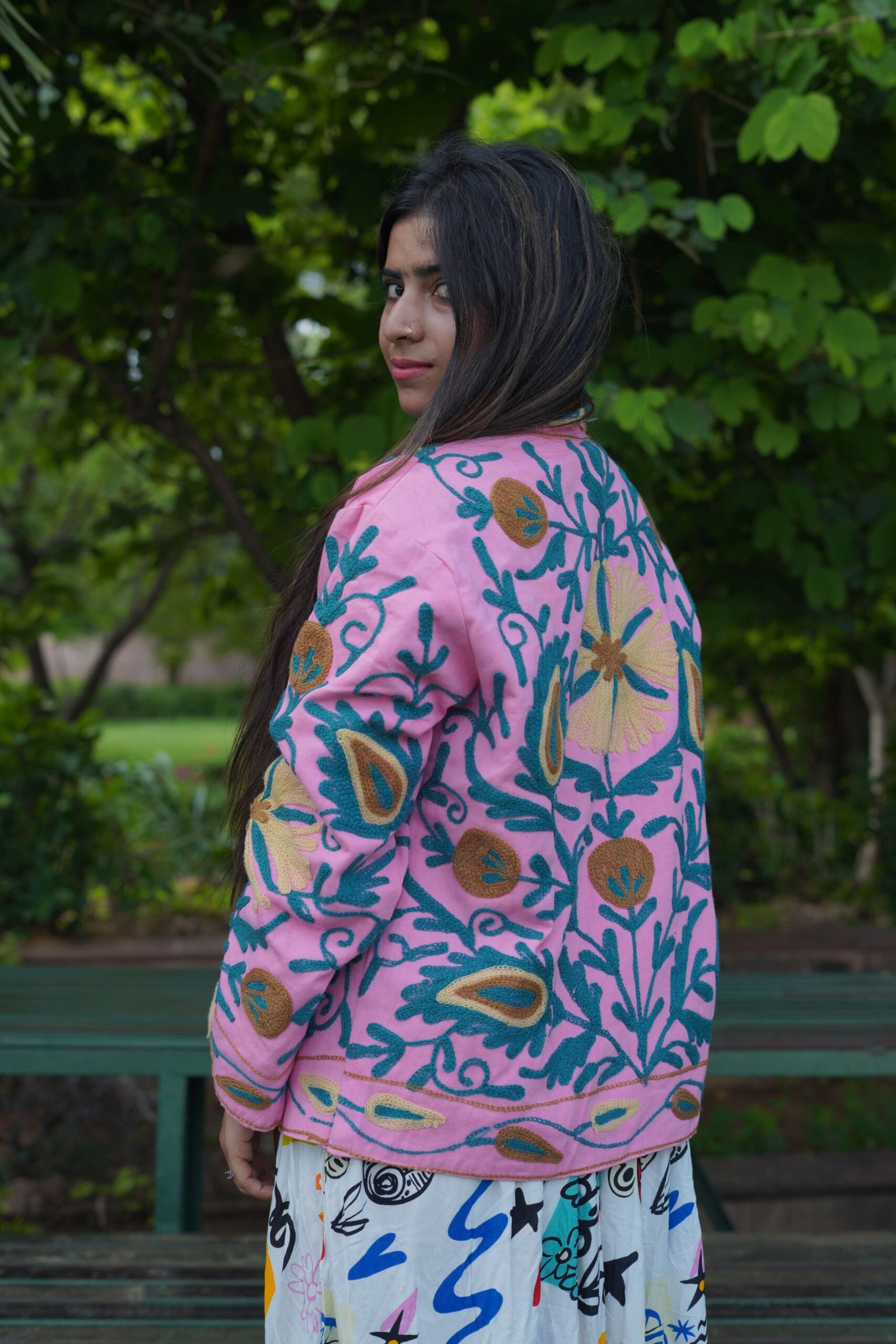 Womens Pink Velvet Embroidered Jacket with Floral Design - Image 5