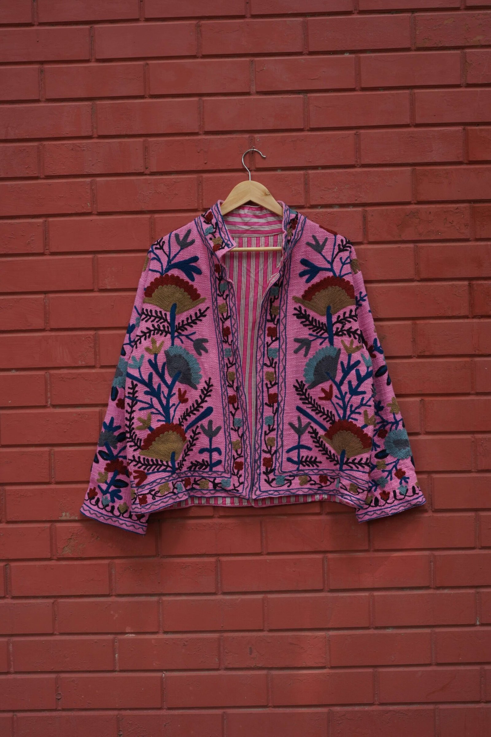Womens Pink Velvet Embroidered Jacket with Floral Design - Image 8